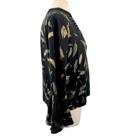 Johnny Was Workshop Womens Velvet Yoke & Metallic Leaf Print Bell Sleeve Top XS - Picture 8 of 10